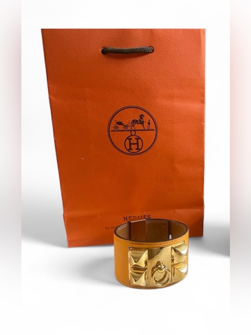 Hermes Collier de Chien Orange Leather Bracelet 14K Gold